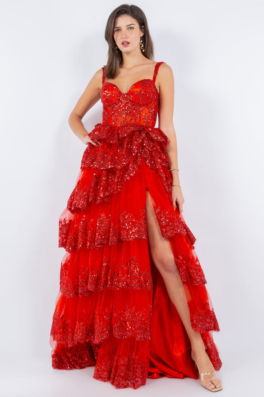 Prom Dresses A Line Long Formal Applique Tiered Prom Dress Red