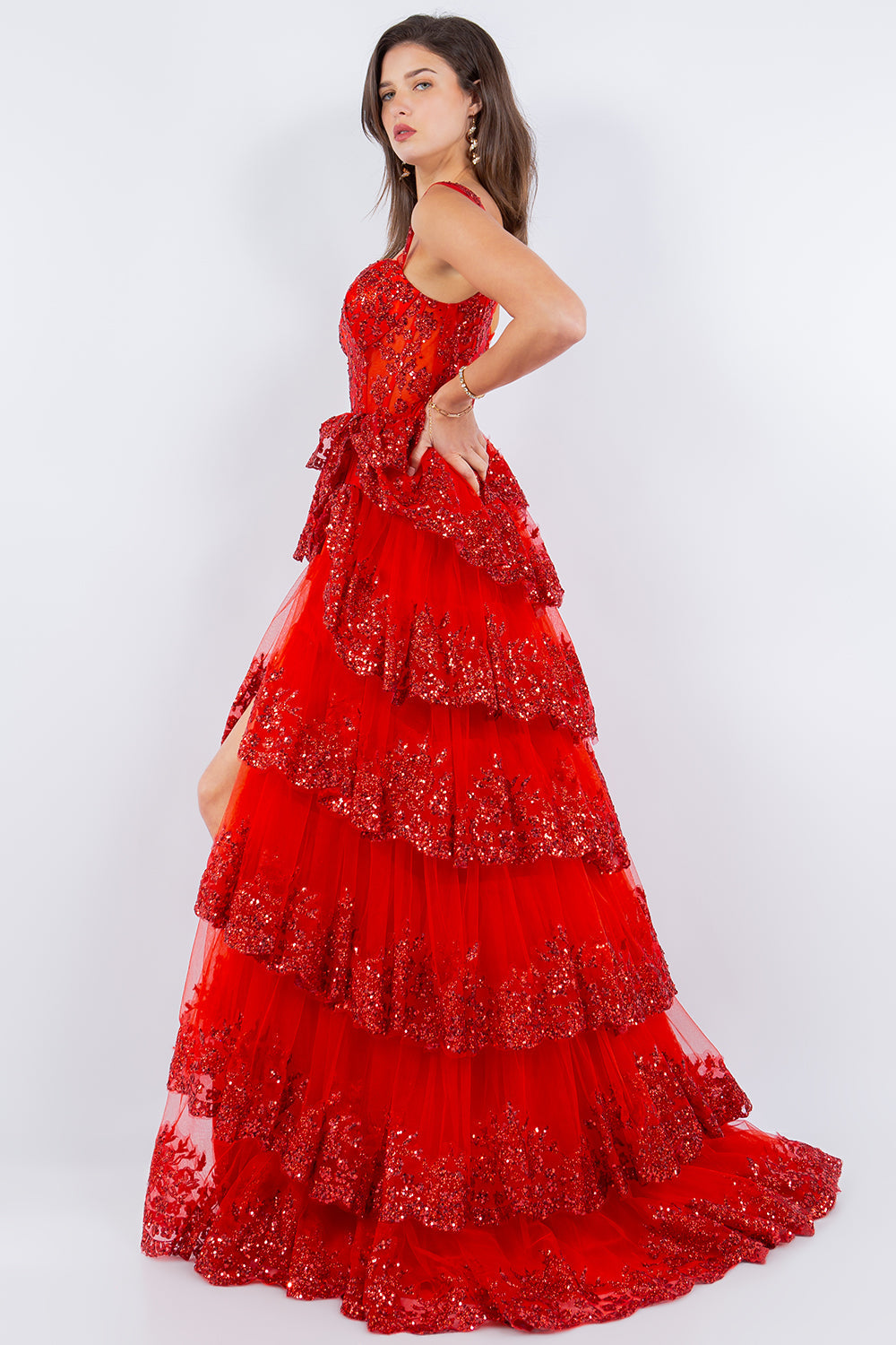 Prom Dresses A Line Long Formal Applique Tiered Prom Dress Red