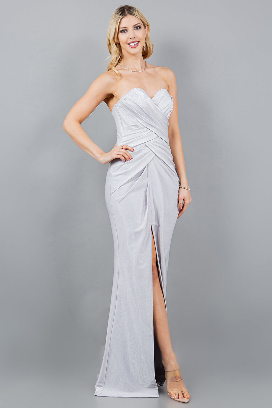 Prom Dresses Fitted Long Metallic Formal Slit Prom Dress Silver