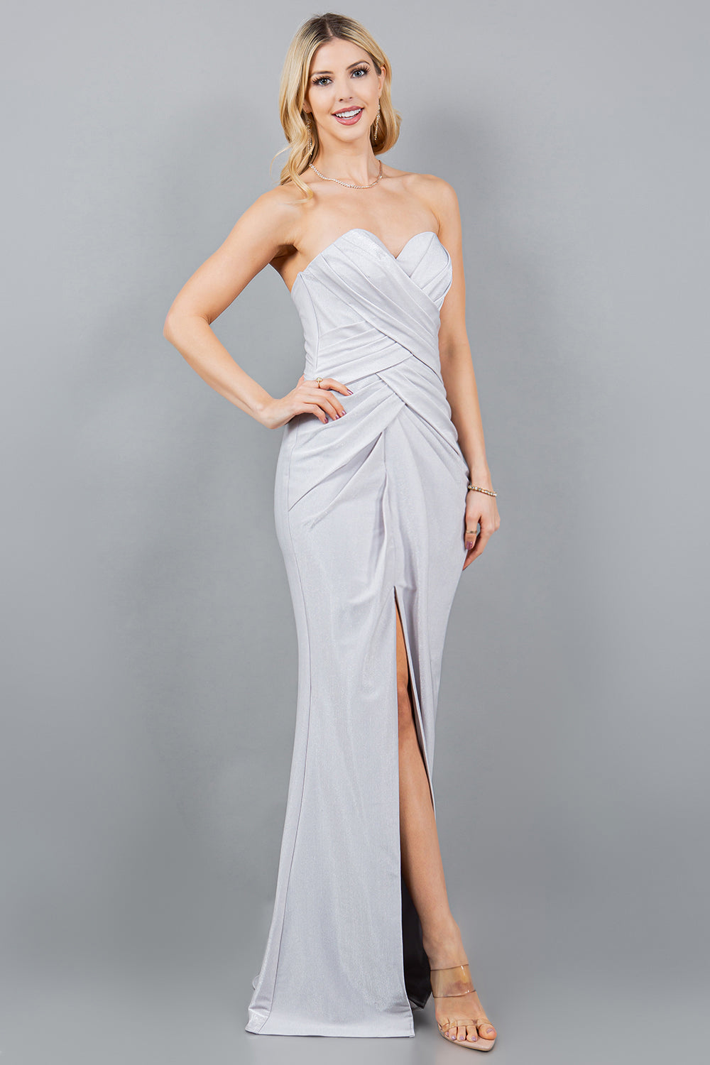 Prom Dresses Fitted Long Metallic Formal Slit Prom Dress Silver