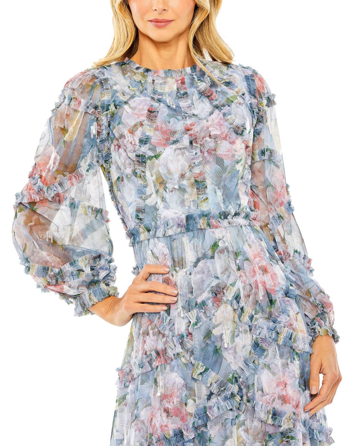 Formal Dresses Long Sleeve Formal Ruffle Gown Platinum Multi