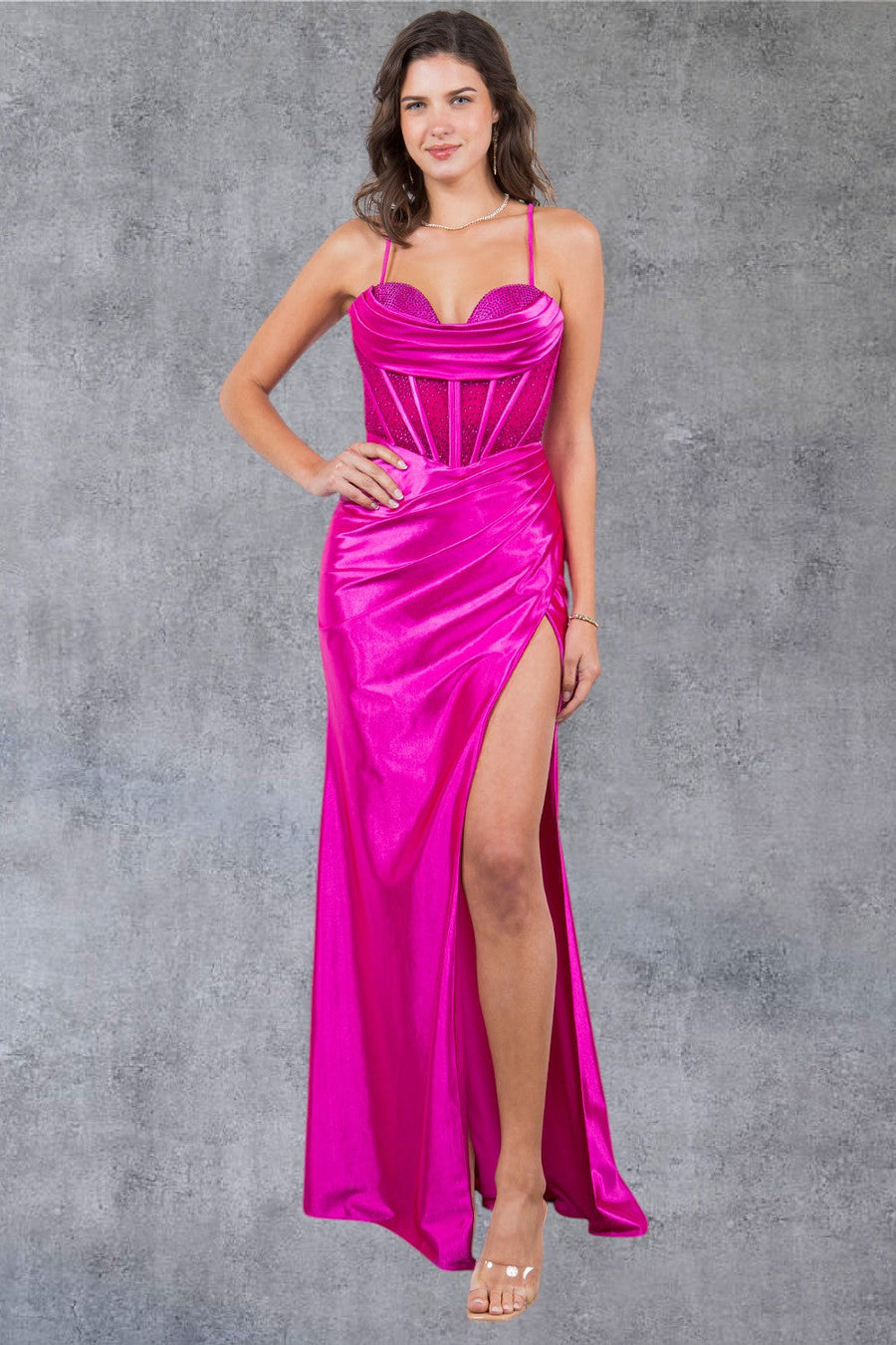 Prom Dresses Fitted Long Formal Beaded Corset Prom Dress Fuchsia