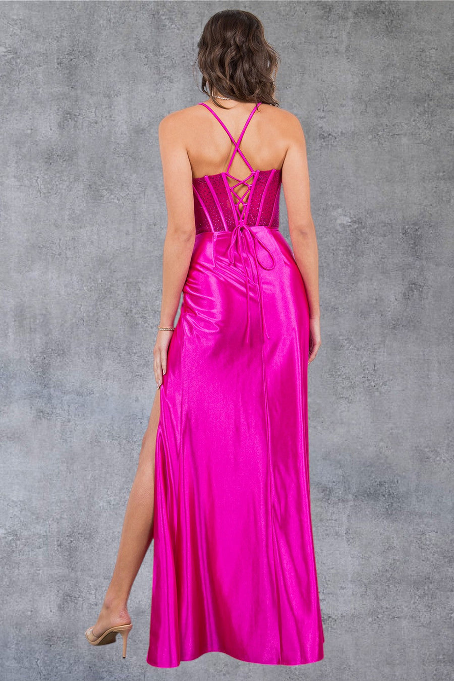 Prom Dresses Fitted Long Formal Beaded Corset Prom Dress Fuchsia