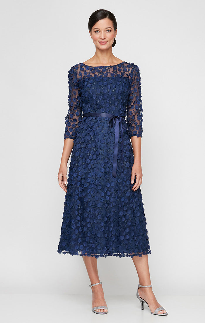 Mother of the Bride Dresses Formal 3D Tea Length Mother of the Bride Dress Navy