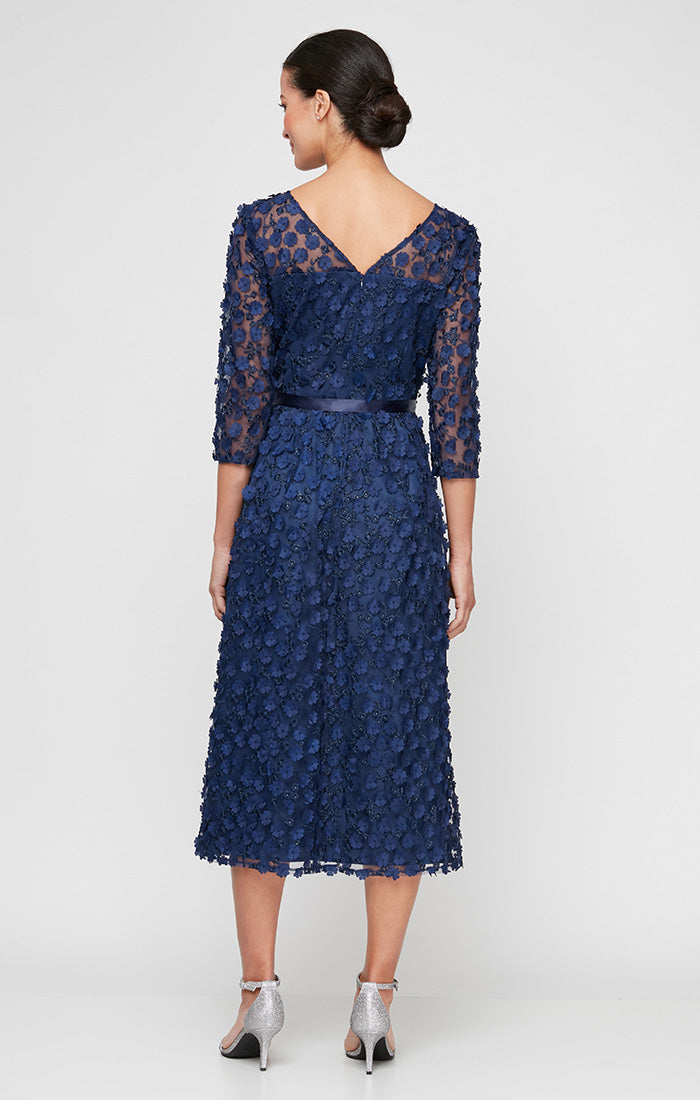 Mother of the Bride Dresses Formal 3D Tea Length Mother of the Bride Dress Navy