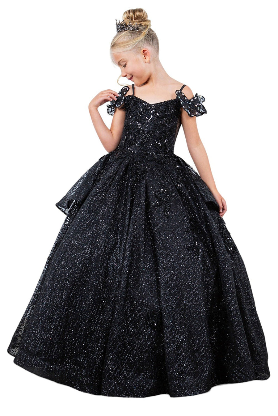 Flower Girl Dresses Glitter 3D Applique Flower Girl Dress Black