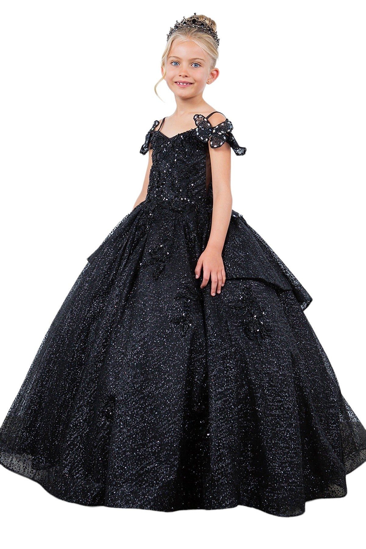Flower Girl Dresses Glitter 3D Applique Flower Girl Dress Black