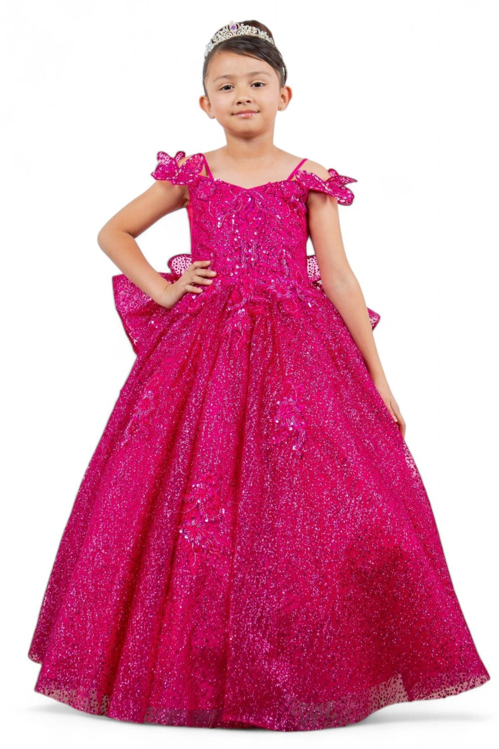 Flower Girl Dresses Glitter 3D Applique Flower Girl Dress Fushia