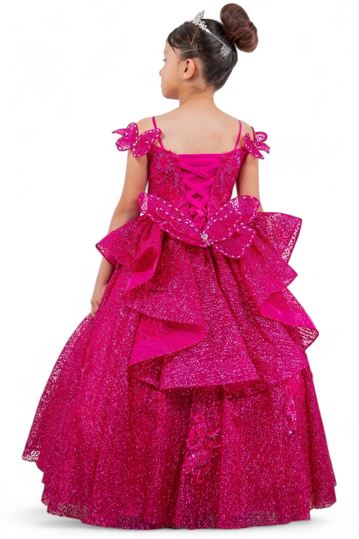Flower Girl Dresses Glitter 3D Applique Flower Girl Dress Fushia
