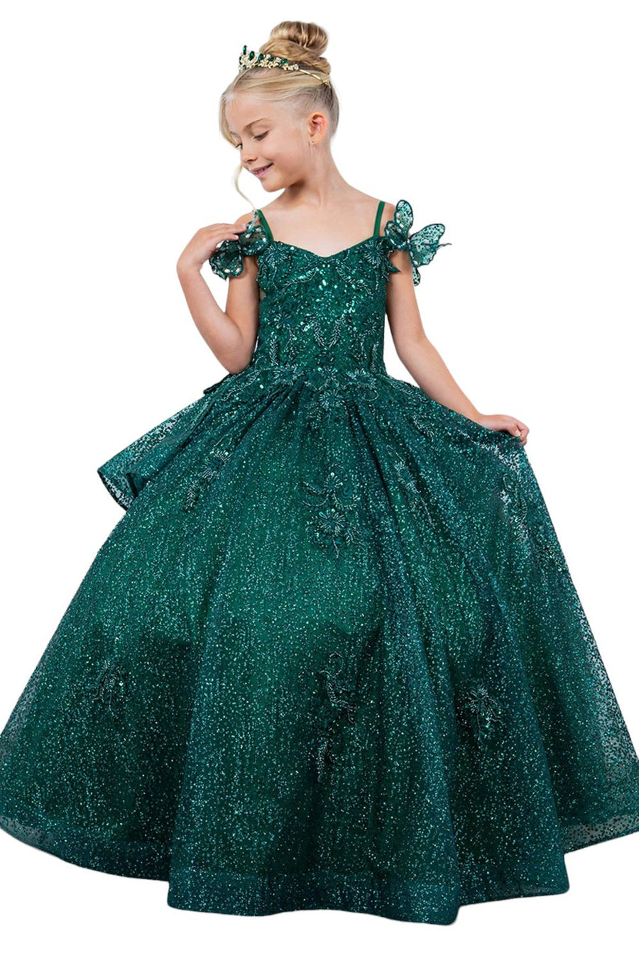 Flower Girl Dresses Glitter 3D Applique Flower Girl Dress Hunter Green