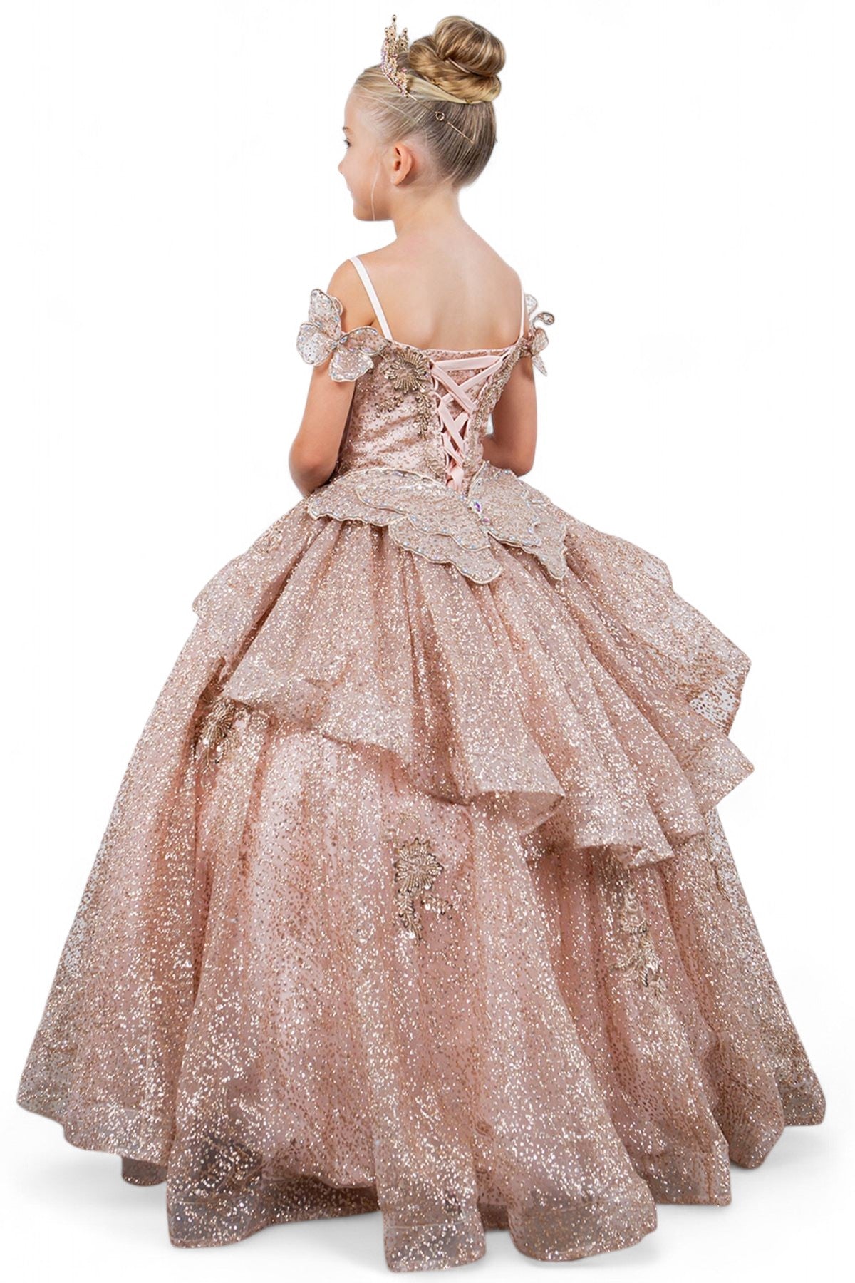 Flower Girl Dresses Glitter 3D Applique Flower Girl Dress Rose Gold