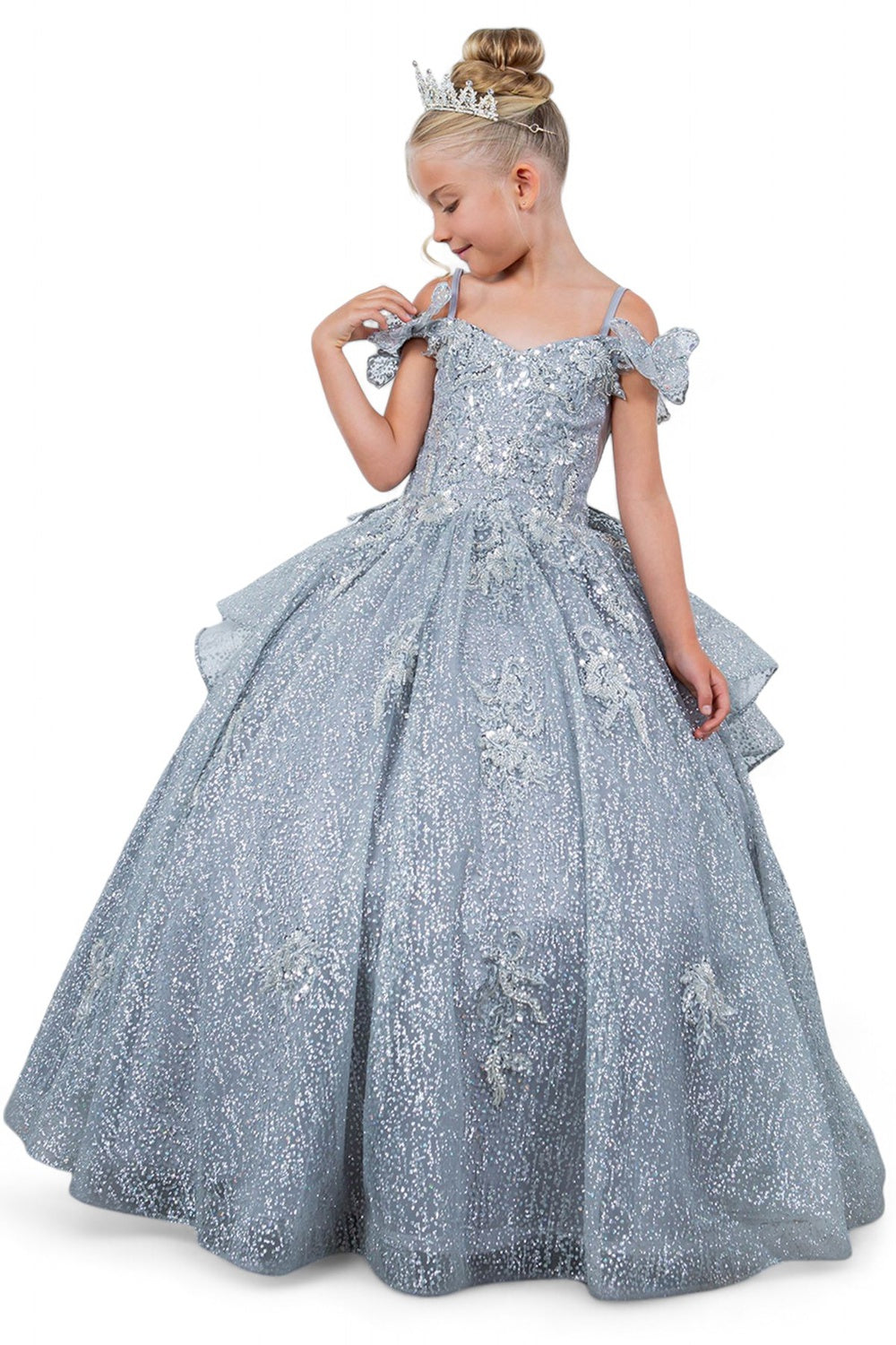 Flower Girl Dresses Glitter 3D Applique Flower Girl Dress Silver