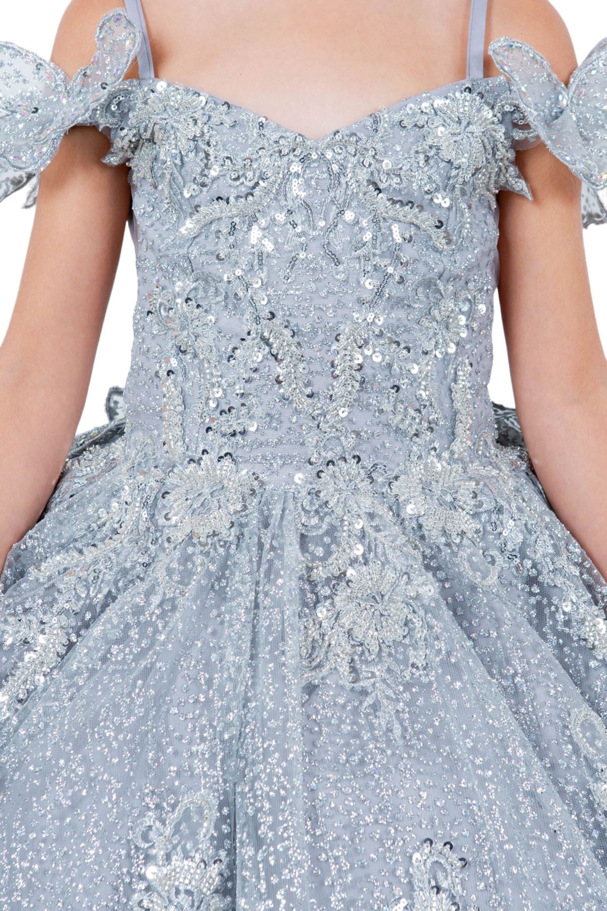 Flower Girl Dresses Glitter 3D Applique Flower Girl Dress Silver