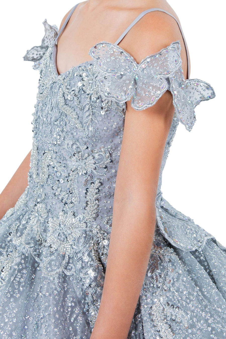 Flower Girl Dresses Glitter 3D Applique Flower Girl Dress Silver