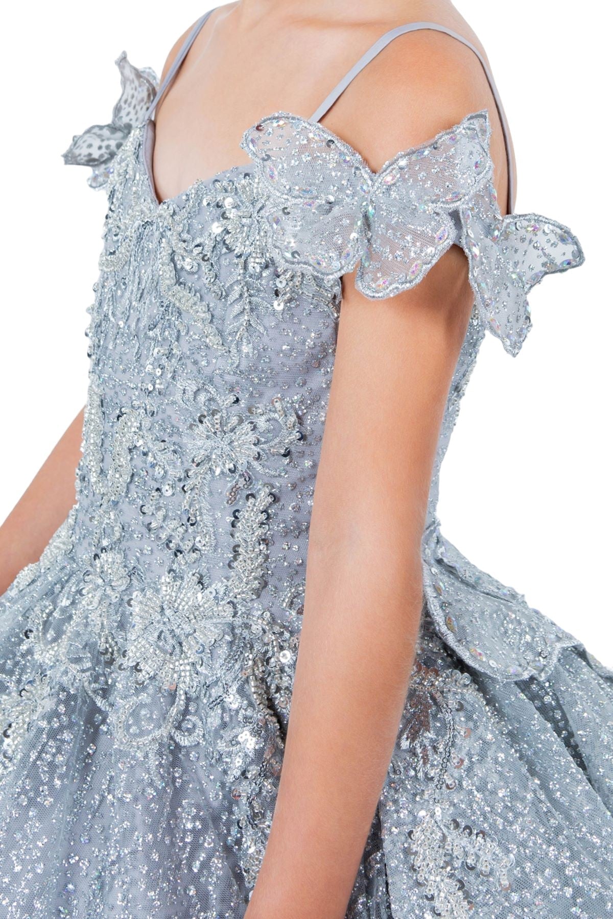 Flower Girl Dresses Glitter 3D Applique Flower Girl Dress Silver