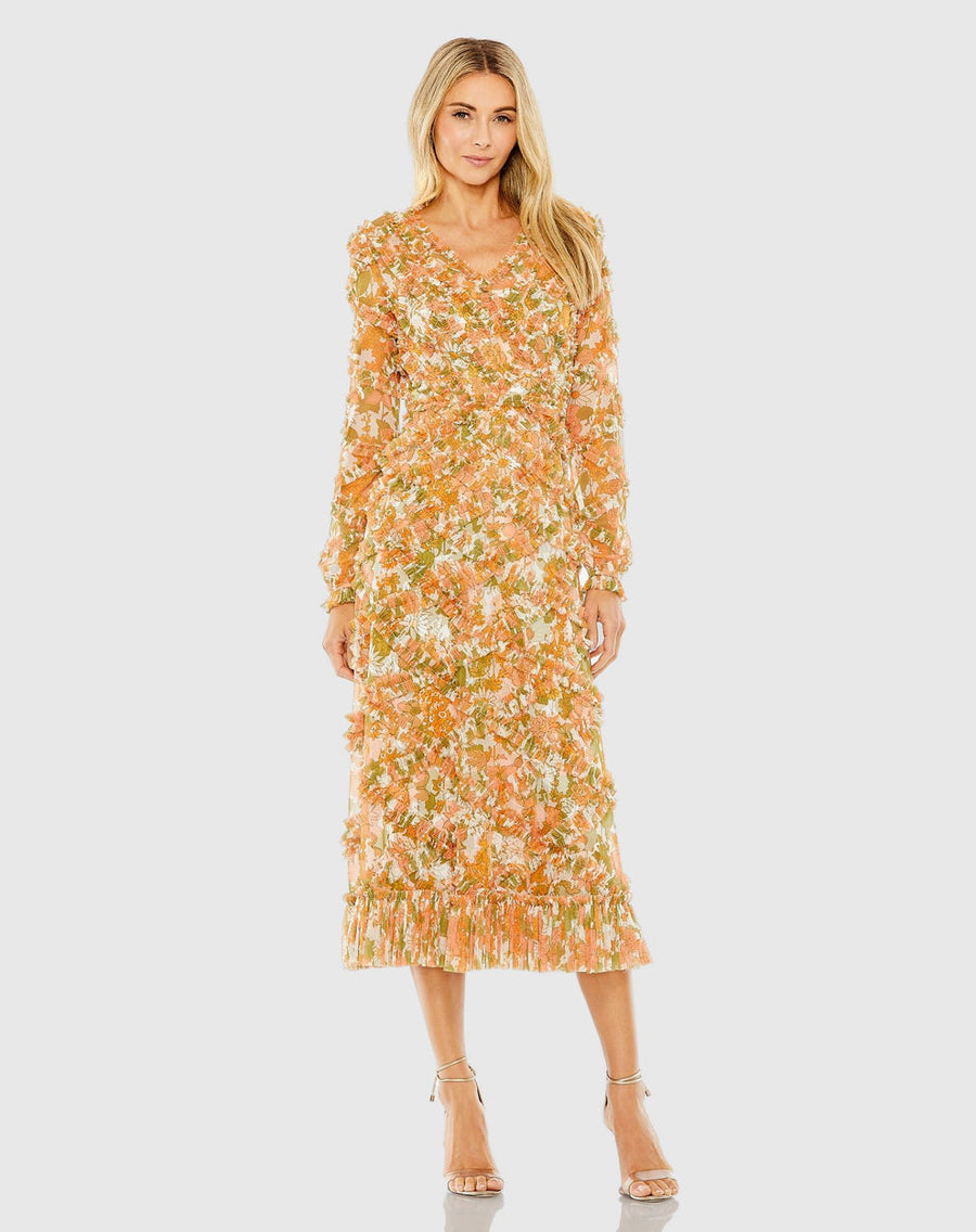 Cocktail Dresses Short Cocktail Floral Midi Length Ruffle Dress Orange Multi