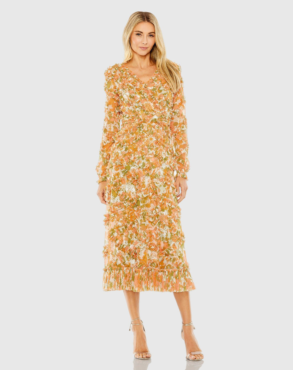Cocktail Dresses Short Cocktail Floral Midi Length Ruffle Dress Orange Multi