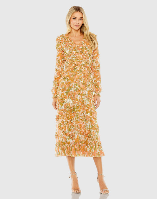 Cocktail Dresses Short Cocktail Floral Midi Length Ruffle Dress Orange Multi