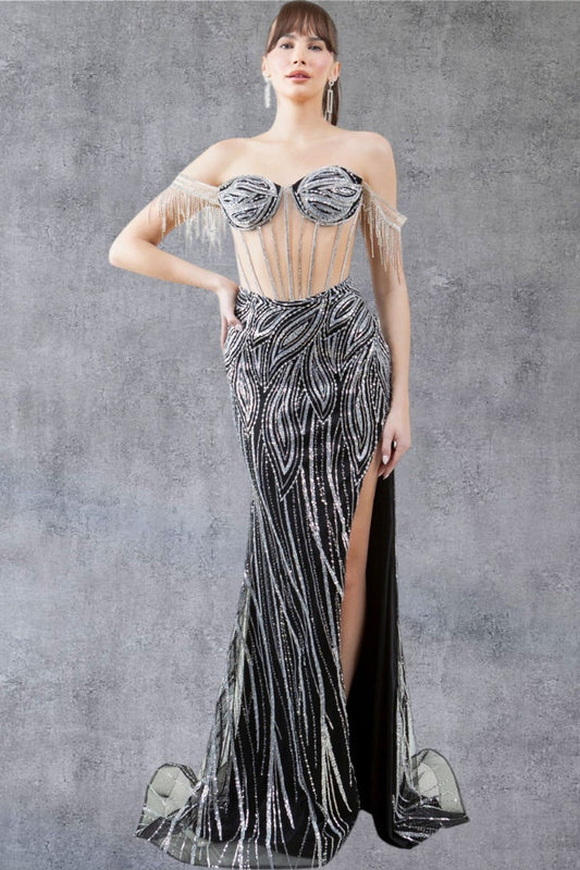 Prom Dresses Fitted Slit Long Formal Fringe Prom Dress Black/Silver