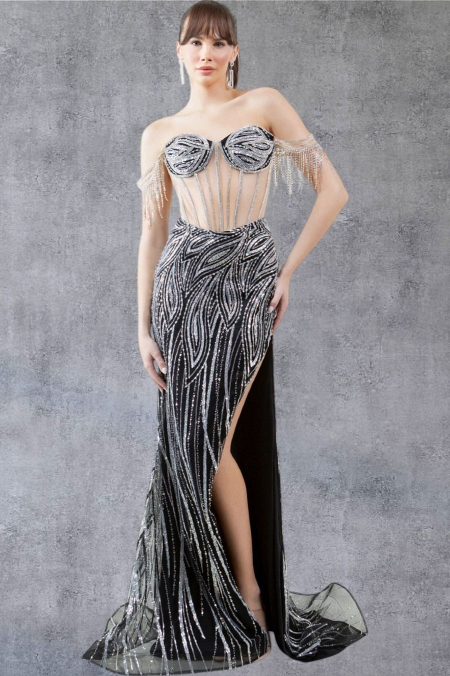 Prom Dresses Fitted Slit Long Formal Fringe Prom Dress Black/Silver