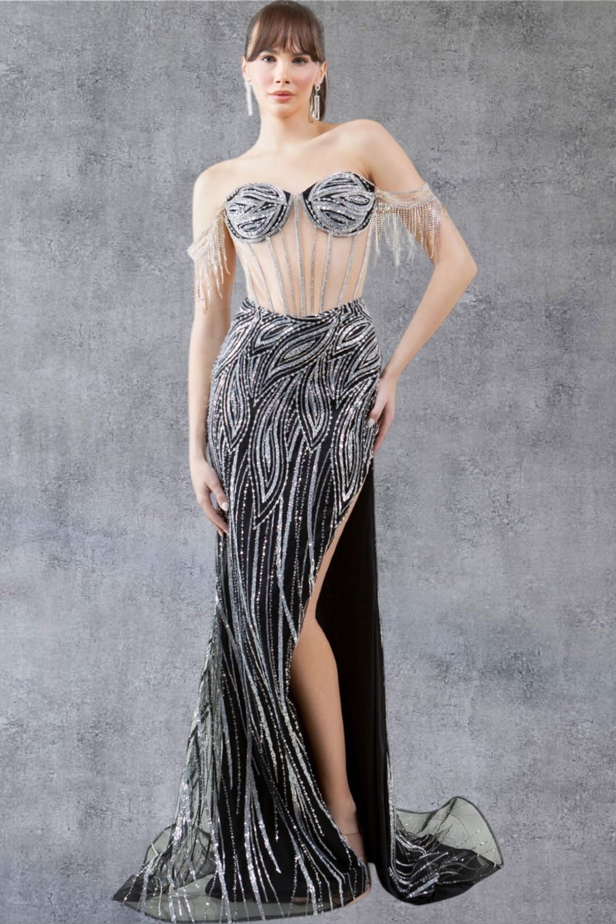 Prom Dresses Fitted Slit Long Formal Fringe Prom Dress Black/Silver