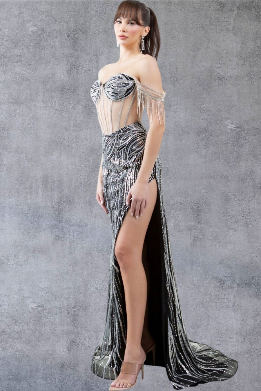 Prom Dresses Fitted Slit Long Formal Fringe Prom Dress Black/Silver