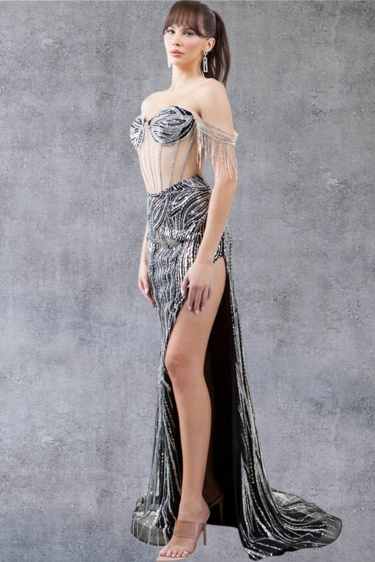 Prom Dresses Fitted Slit Long Formal Fringe Prom Dress Black/Silver