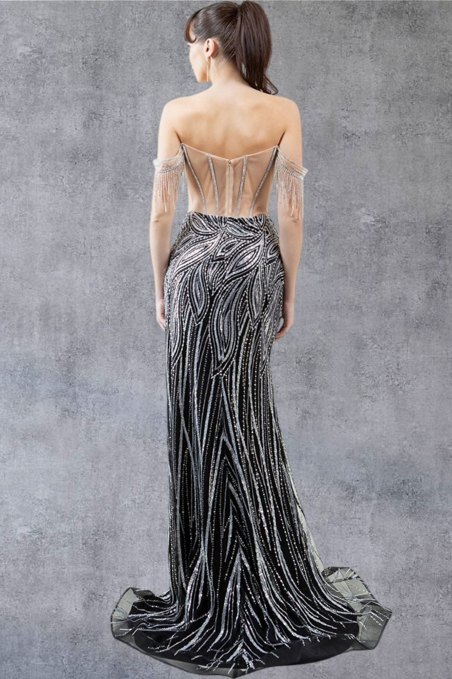 Prom Dresses Fitted Slit Long Formal Fringe Prom Dress Black/Silver