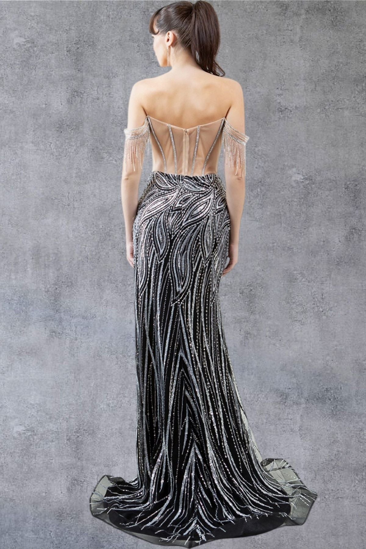 Prom Dresses Fitted Slit Long Formal Fringe Prom Dress Black/Silver