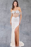Prom Dresses Fitted Slit Long Formal Fringe Prom Dress Nude/Silver