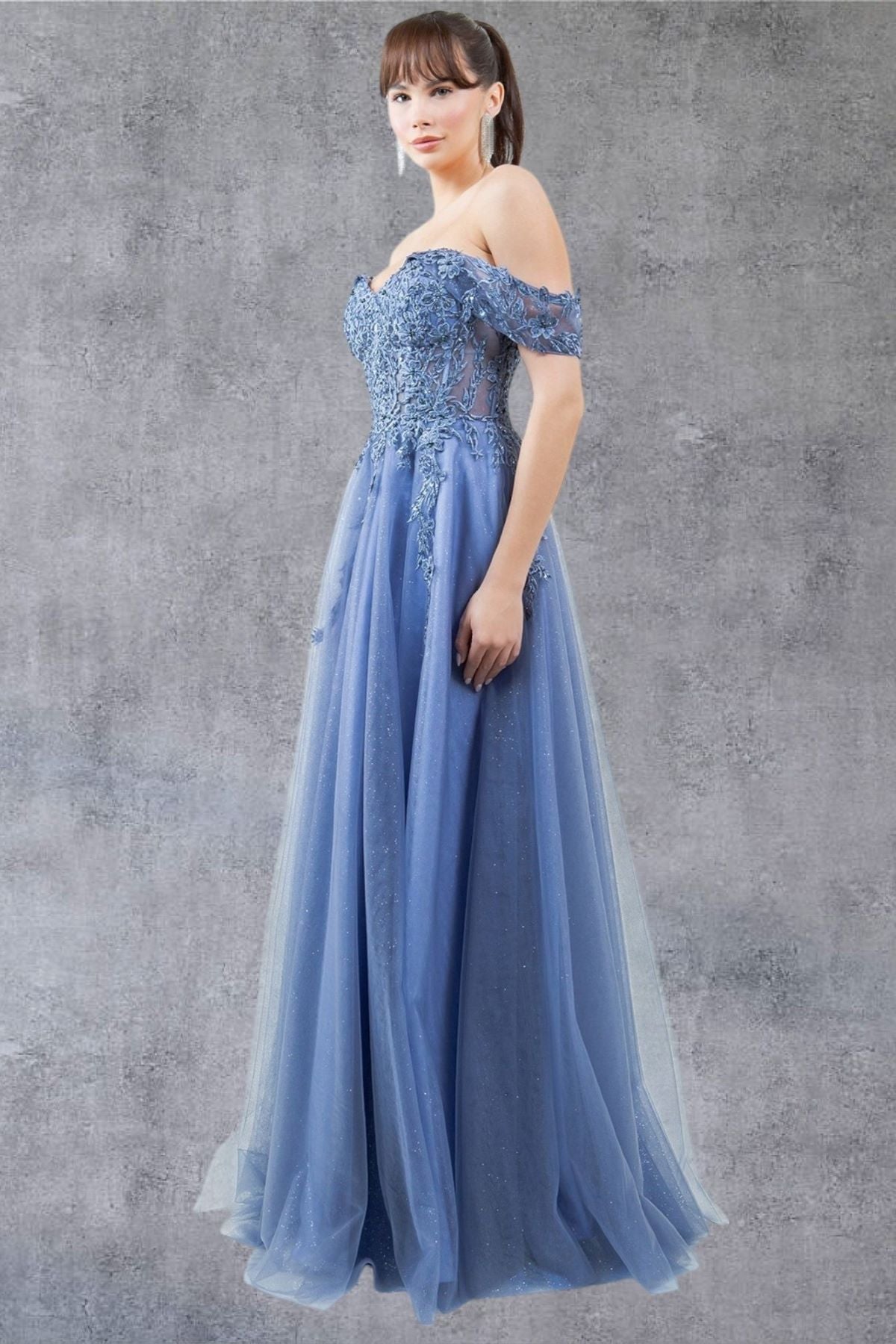 Prom Dresses A Line Long Formal Prom Glitter Dress Dusty Blue