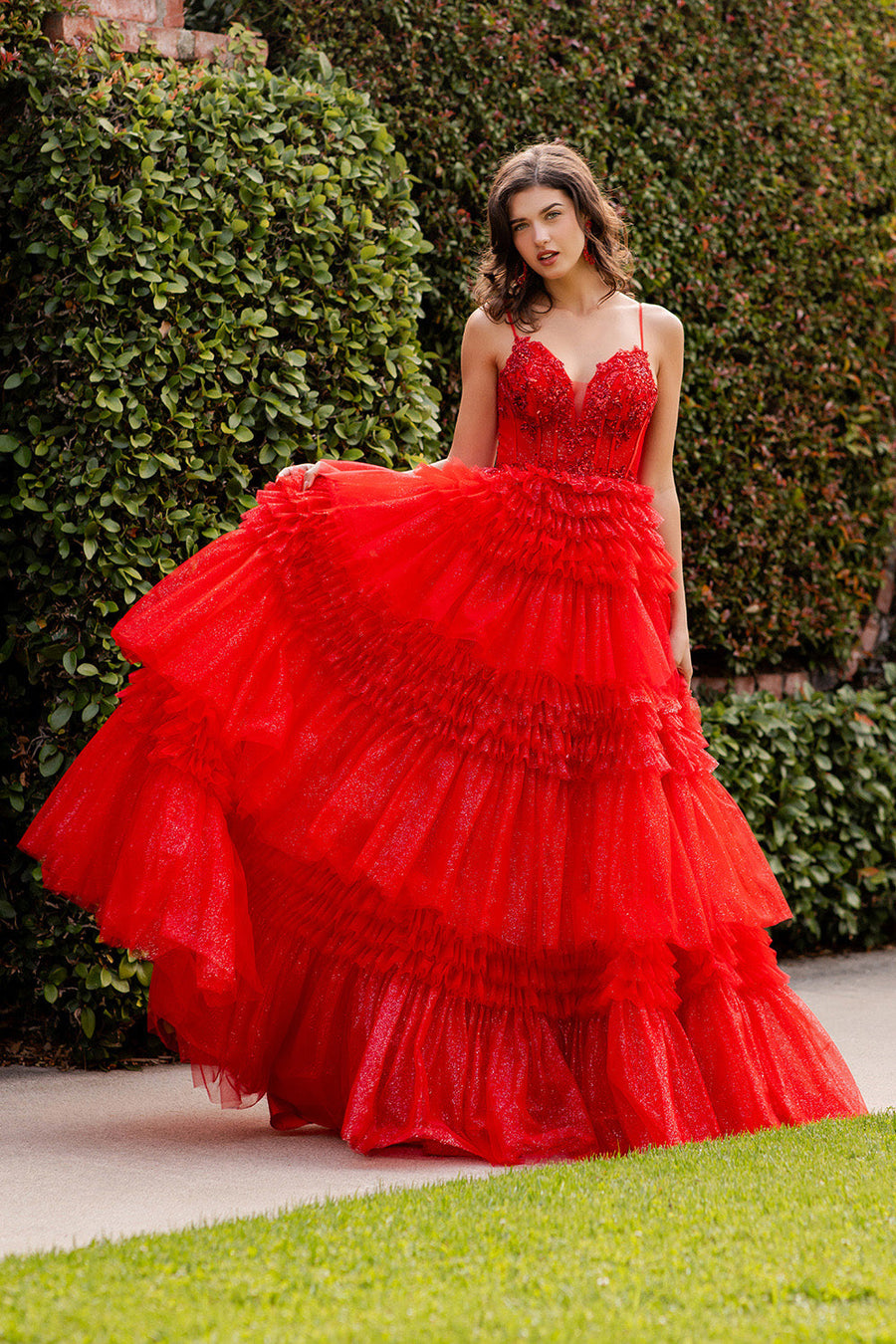 Prom Dresses Prom Long Layered Ruffle Formal A Line Dress Red