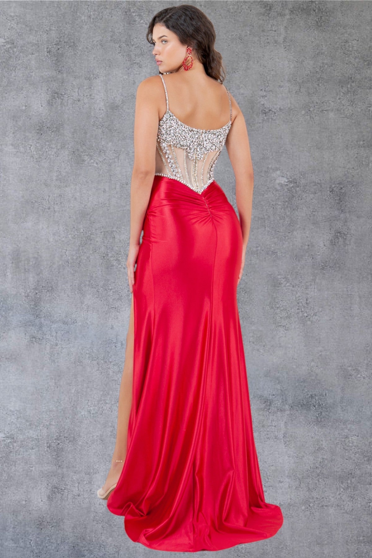 Prom Dresses Fitted Long Formal Beaded Prom Slit Dress Red/Silver