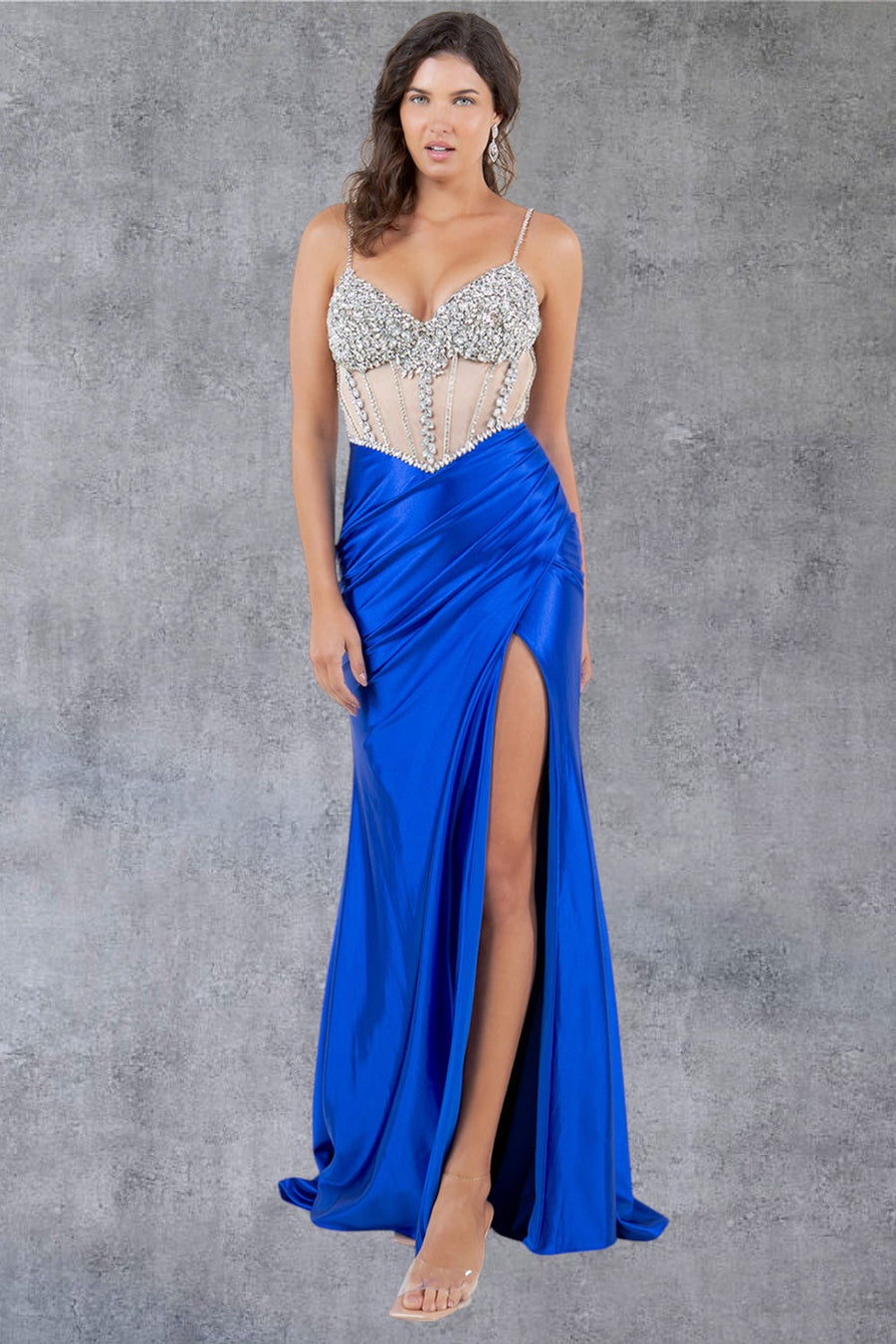 Prom Dresses Fitted Long Formal Beaded Prom Slit Dress Royal/Silver