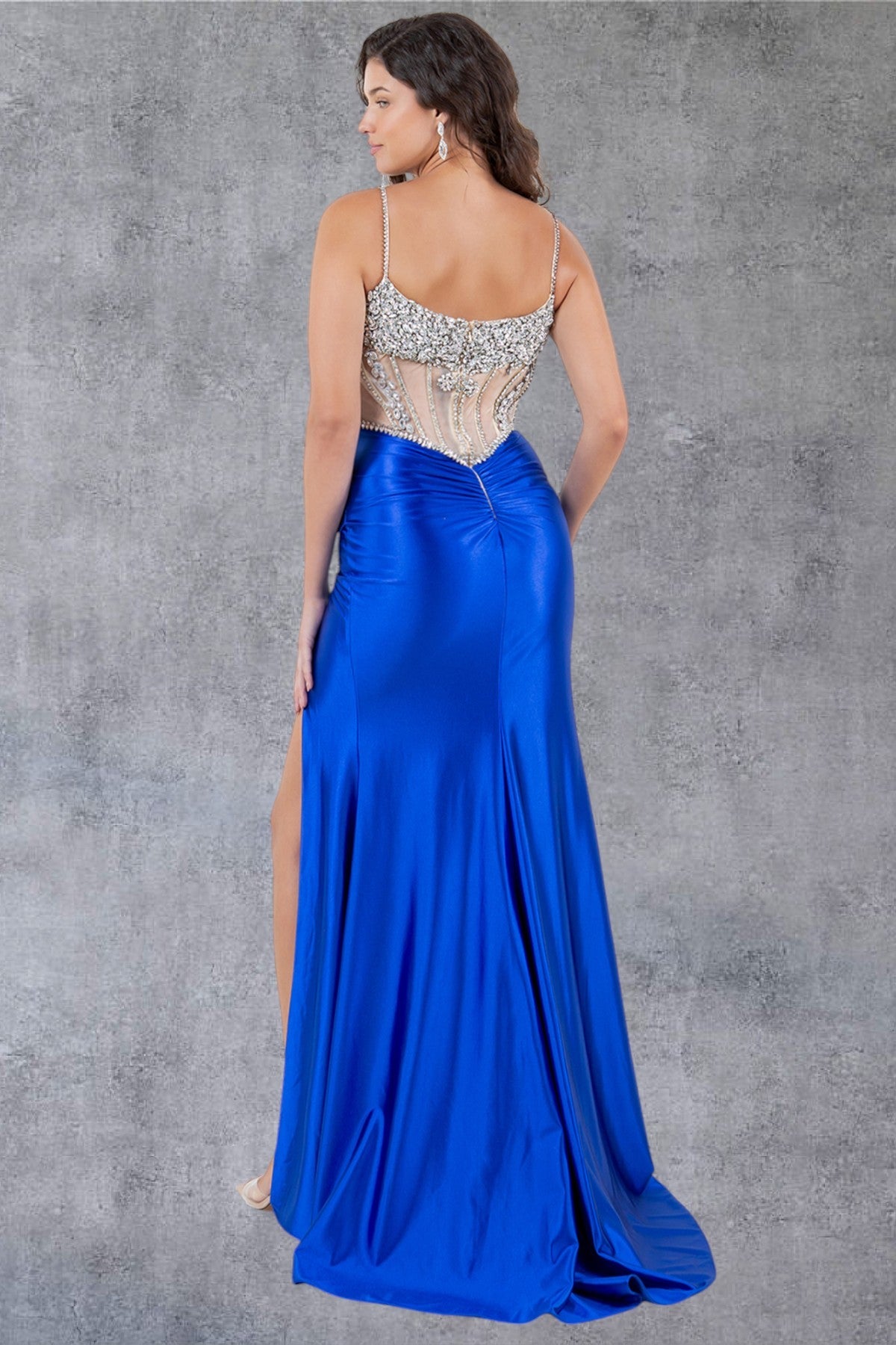 Prom Dresses Fitted Long Formal Beaded Prom Slit Dress Royal/Silver