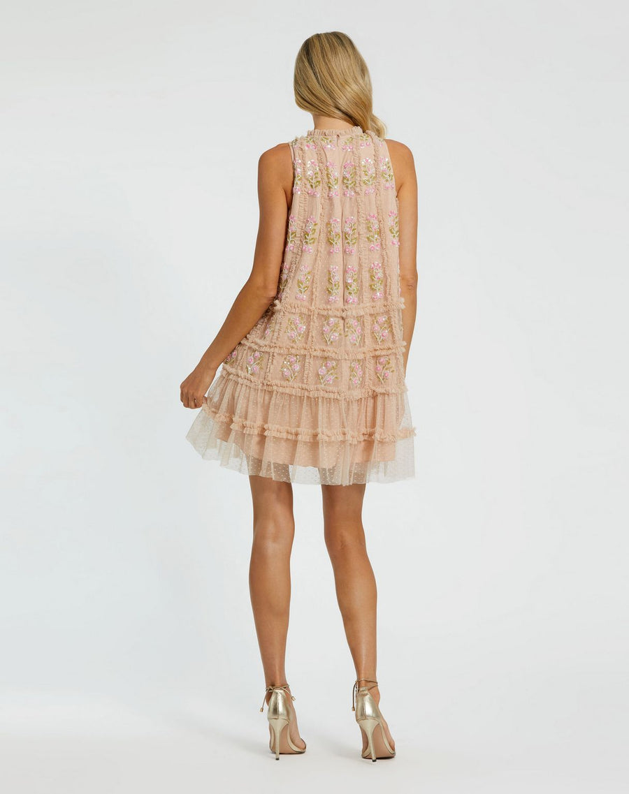 Cocktail Dresses Short Ruffle Beaded Cocktail Dress Nude Multi