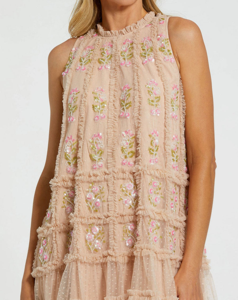 Cocktail Dresses Short Ruffle Beaded Cocktail Dress Nude Multi