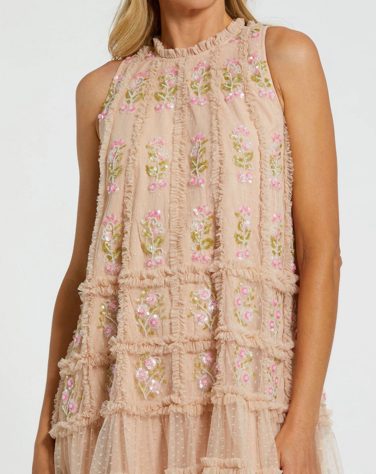 Cocktail Dresses Short Ruffle Beaded Cocktail Dress Nude Multi