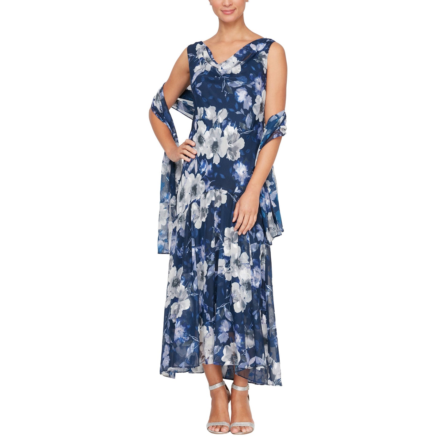 Formal Dresses Printed Tea Length Dress Navy Multi