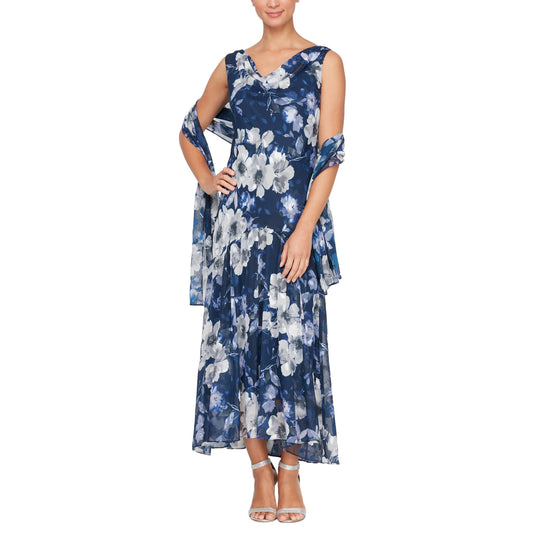 Formal Dresses Printed Tea Length Dress Navy Multi