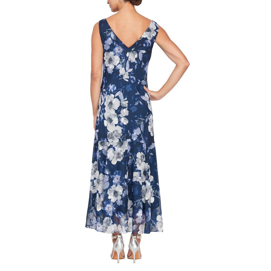 Formal Dresses Printed Tea Length Dress Navy Multi