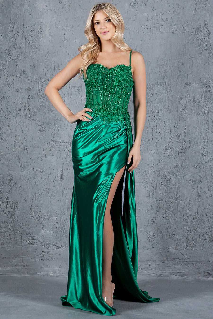 Prom Dresses Floral Lace Long Slit Formal Sequin Prom Dress Emerald