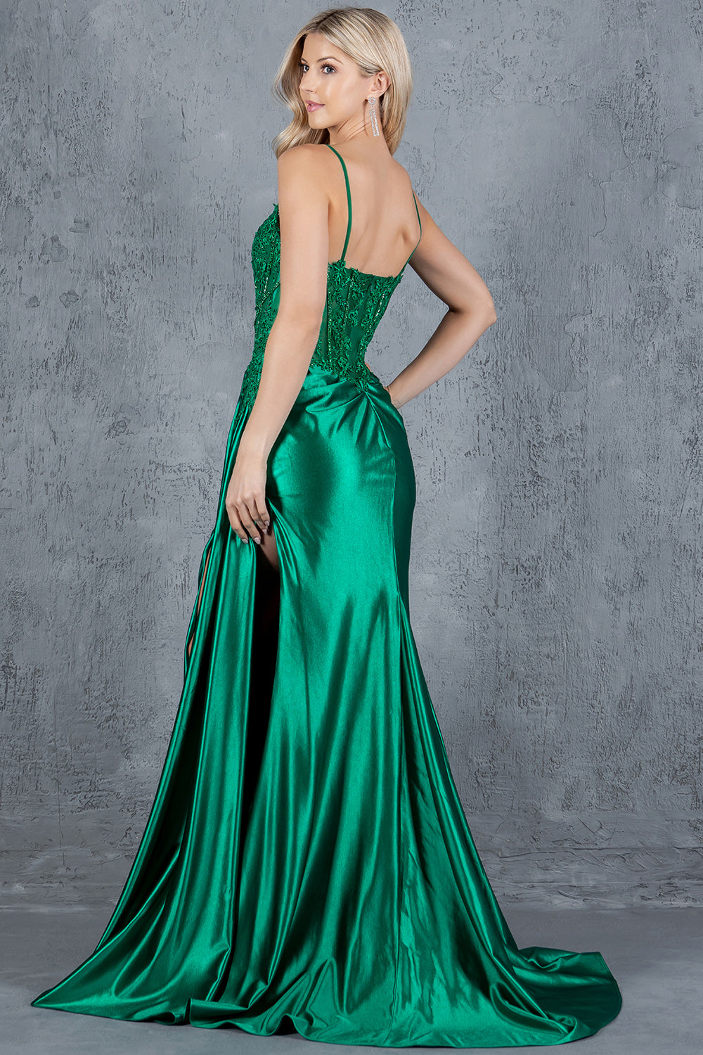 Prom Dresses Floral Lace Long Slit Formal Sequin Prom Dress Emerald
