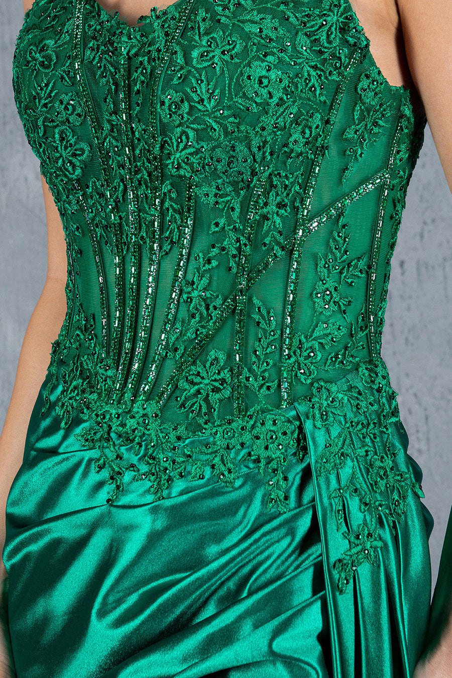 Prom Dresses Floral Lace Long Slit Formal Sequin Prom Dress Emerald