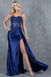 Prom Dresses Floral Lace Long Slit Formal Sequin Prom Dress Navy