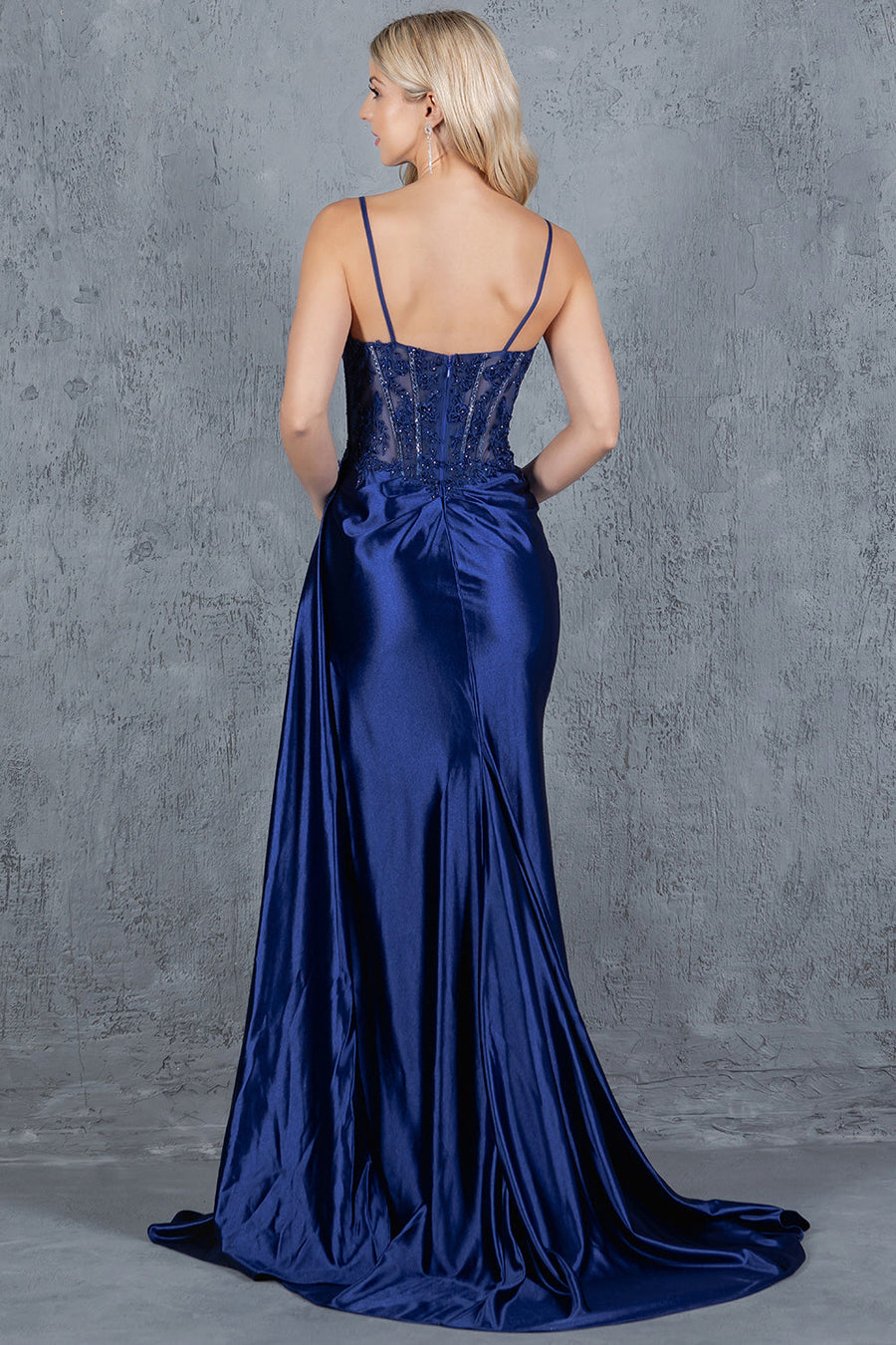 Prom Dresses Floral Lace Long Slit Formal Sequin Prom Dress Navy