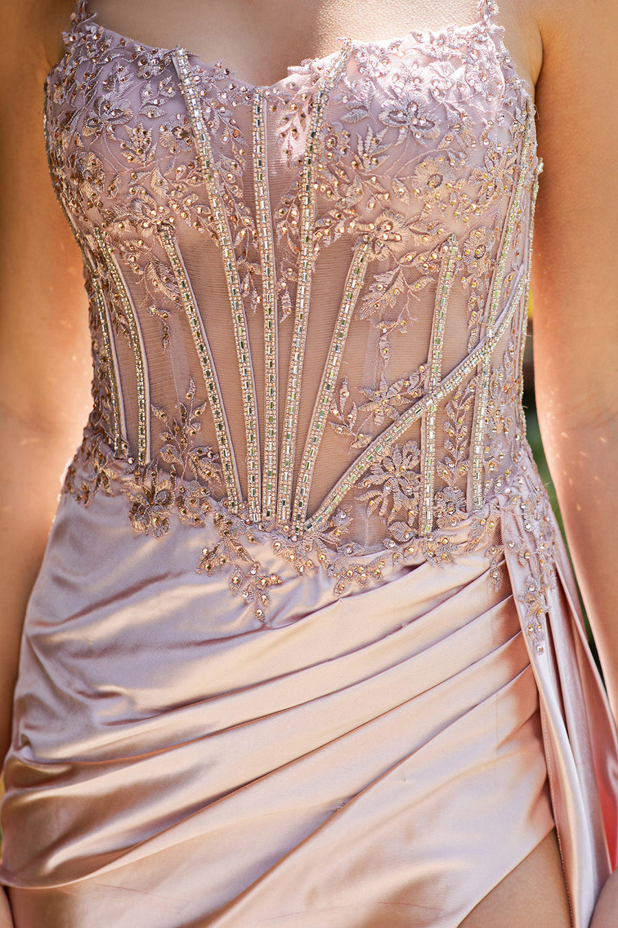 Prom Dresses Floral Lace Long Slit Formal Sequin Prom Dress Rose Pink