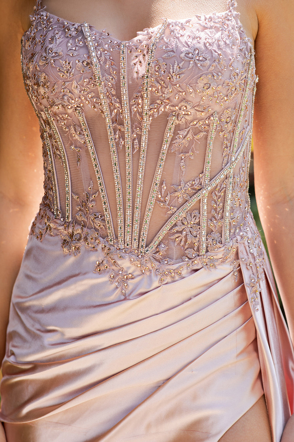 Prom Dresses Floral Lace Long Slit Formal Sequin Prom Dress Rose Pink