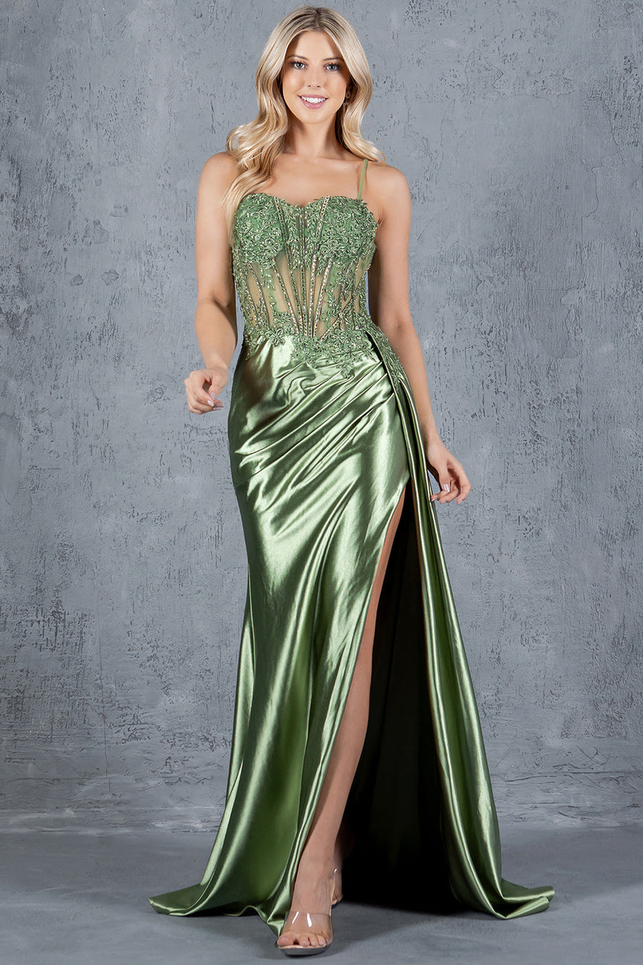 Prom Dresses Floral Lace Long Slit Formal Sequin Prom Dress Sage