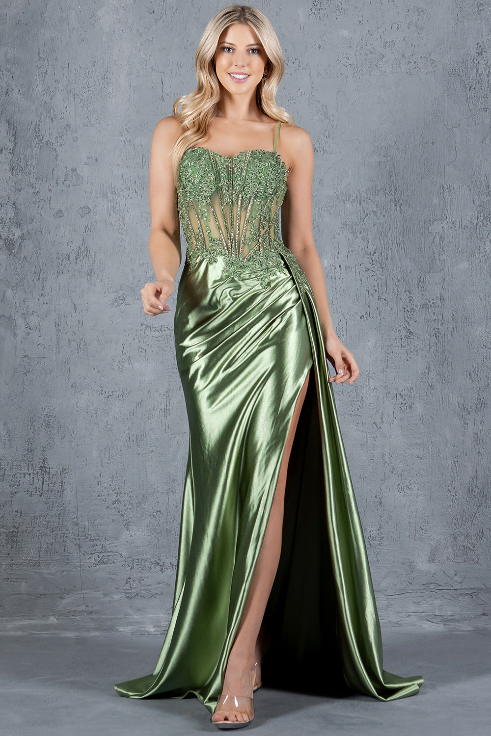 Prom Dresses Floral Lace Long Slit Formal Sequin Prom Dress Sage